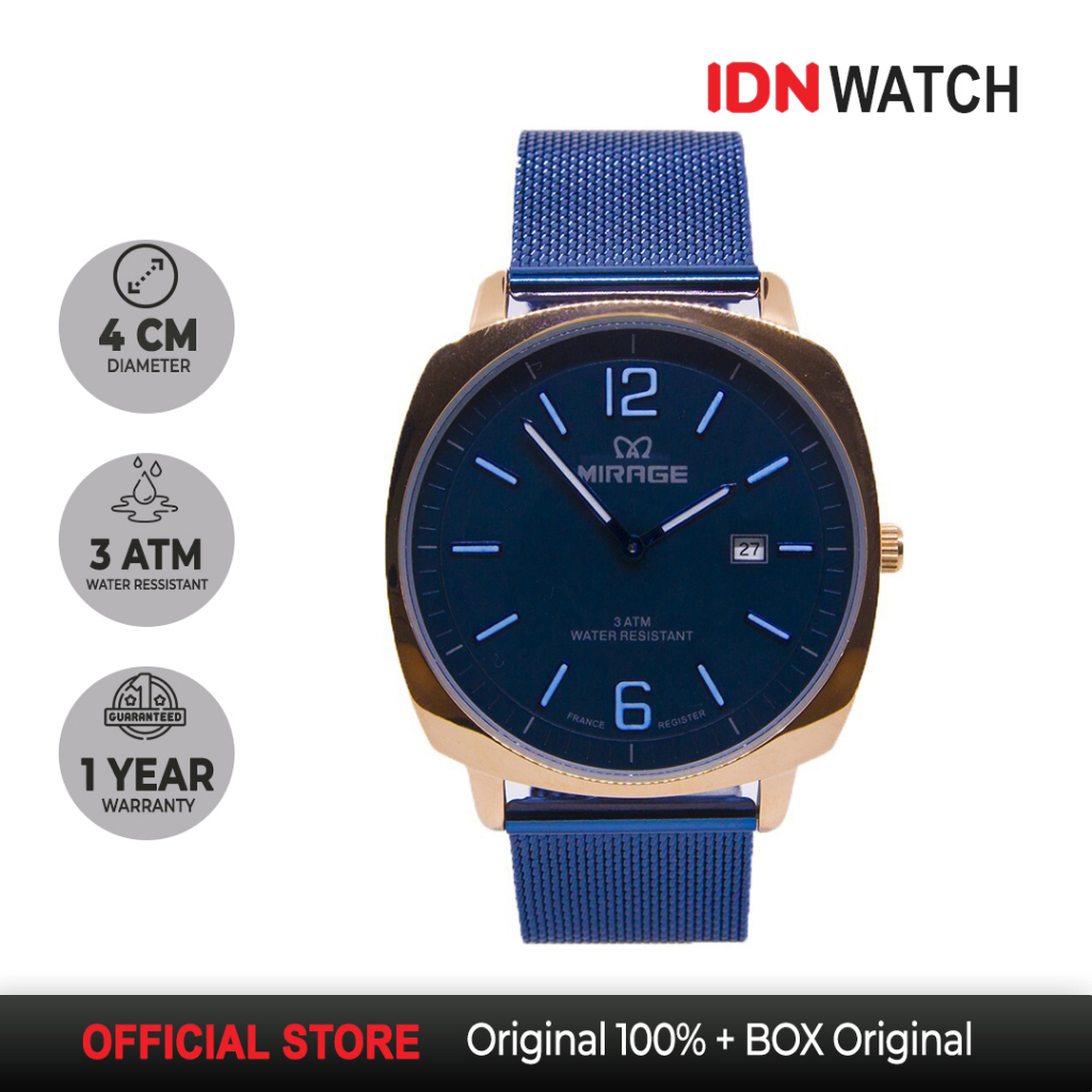 Jam Tangan Mirage Original Pria Rantai Pasir Hitam Biru Rosegold 8720M Garansi 1 Tahun Tahan Air