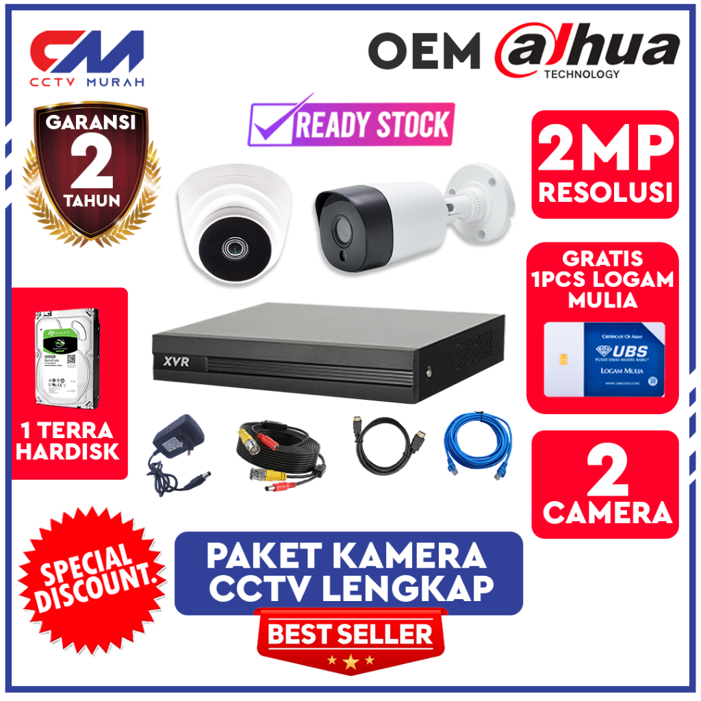 Paket Lengkap Camera 2 Channel CCTV Oem Dahua, DVR/XVR 4 Channel Full HD, Gratis HDD 500GB