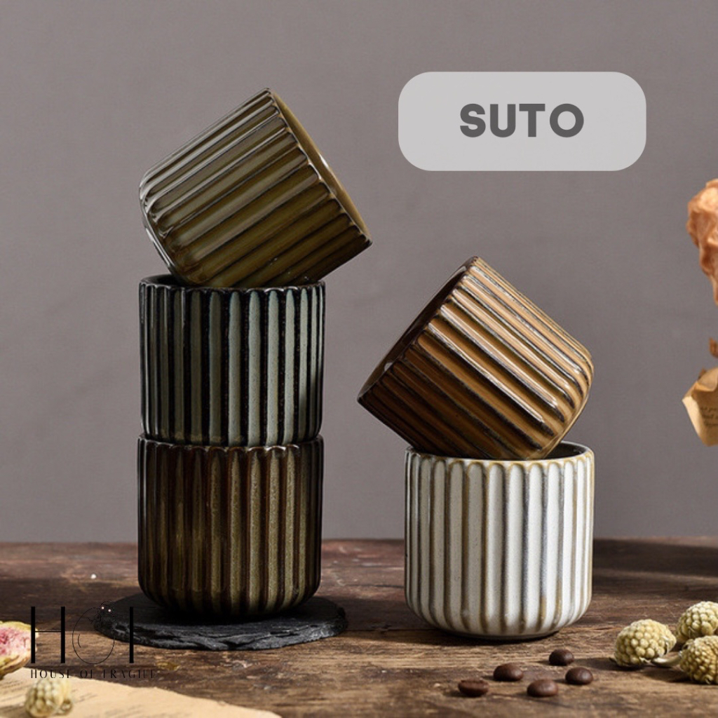 [HOF] SUTO Gelas Ocha Keramik Kecil Cangkir Mug Teh Jepang Ceramic Aesthetic Kramik Motif Garis