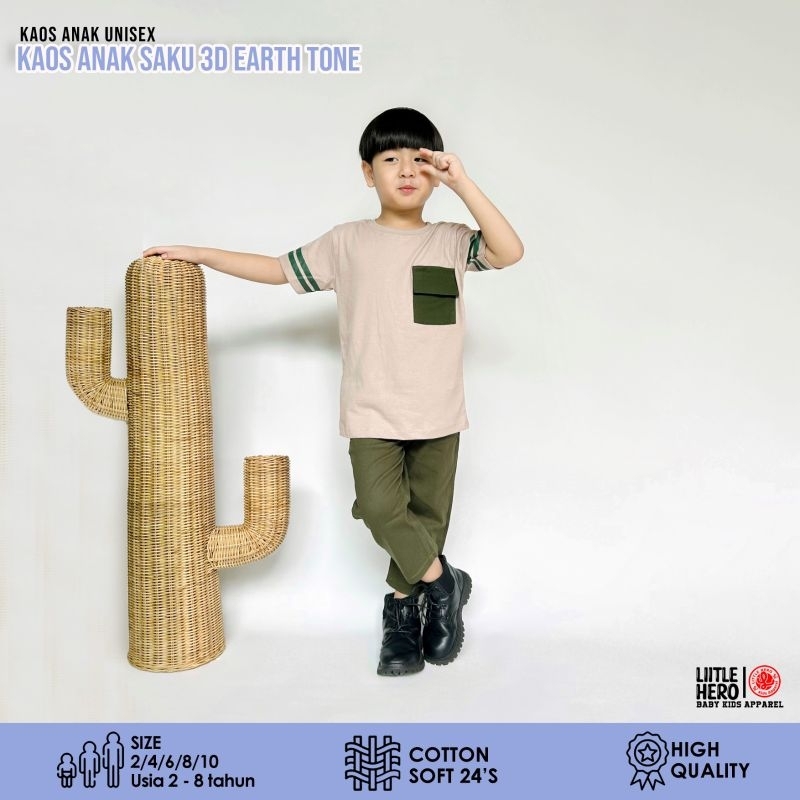 Baju Kaos Distro Anak Laki Laki Saku 3D Unik Earth Tone Little Hero Usia 2 3 4 5 6 7 8 Tahun