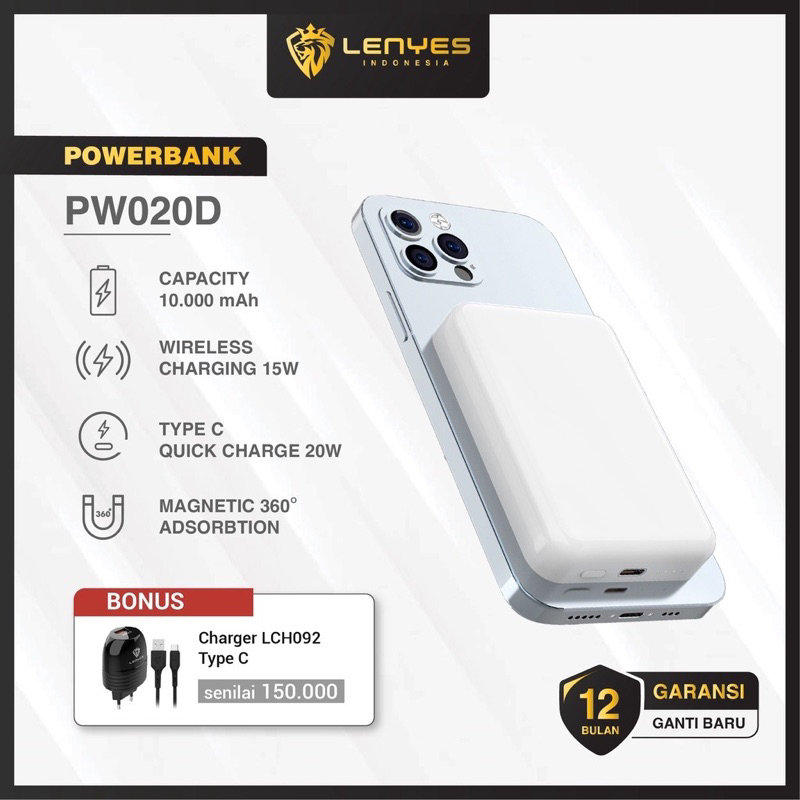 LENYES PW020D Power Bank 10000mAh Wireless Fast Charging 20W PD + 15W Magsafe Powerbank Real Capacity Original