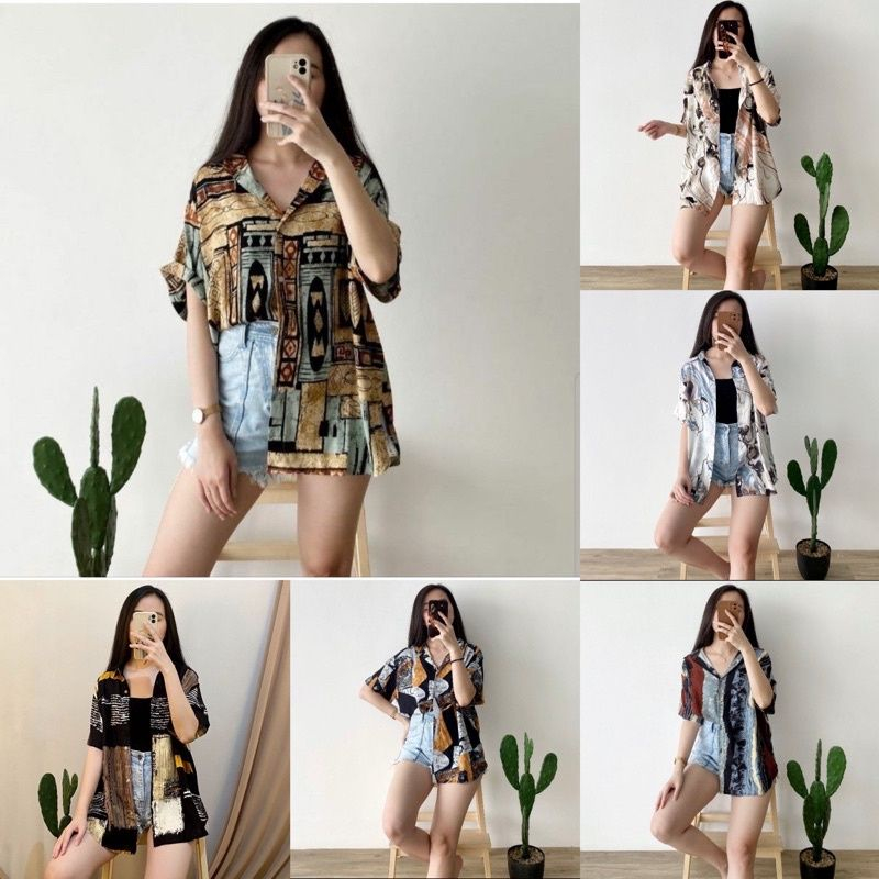 Kemeja Wanita Hawai l Kemeja Pantai Abstrak Casual Retro Bahan Rayon