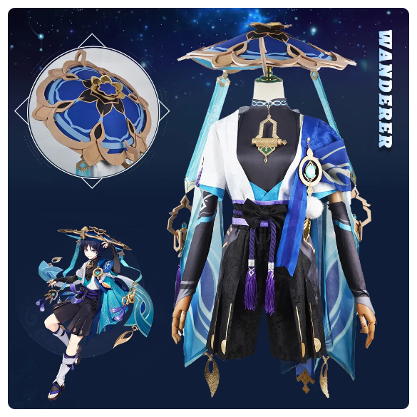 Genshin Impact Scaramouche Wanderer Cosplay Costume Halloween Balladeer Kunikuzushi Bucket Hat