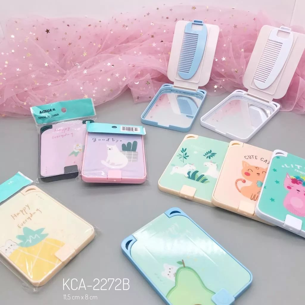 ✿ELYSABETHME✿ Cermin lipat + sisir mini bentuk boneka lucu aksesoris imut