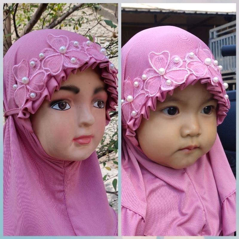 kerudung pesta bayi bordir jilbab anak muslim newborn lucu