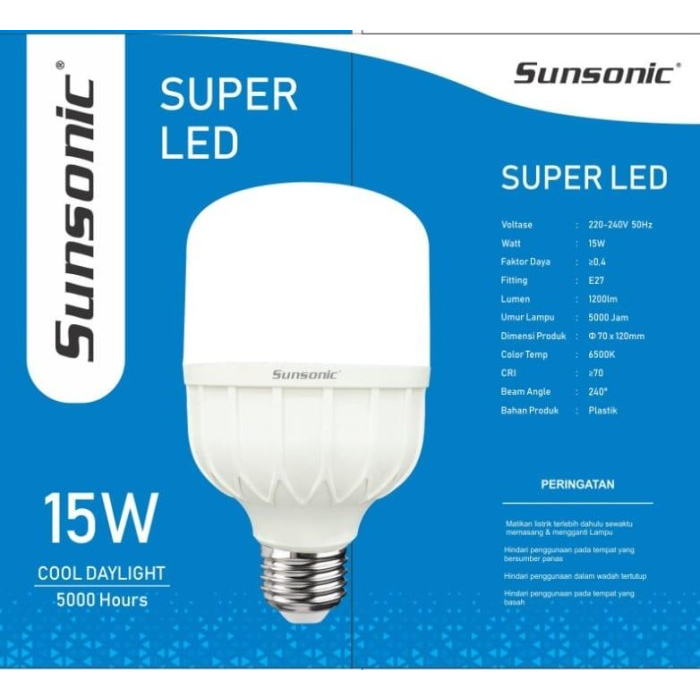 Lampu Led Sunsonic 15 Watt 15w Cahaya Putih Paket 5 Pcs