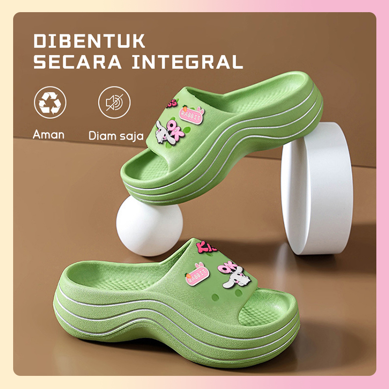 Sandal Slop Wanita Wedges Import Sendal Fuji Viral Jibbitz Kekinian Sandal Jelly Karet Selop Baim Lucu Stiker 3D Platfrom Tebal Elastic Empuk Eva