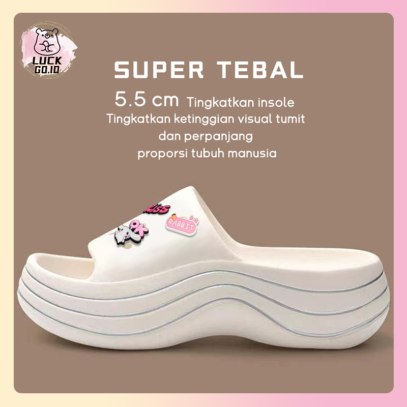 Sandal Slop Wanita Wedges Import Sendal Fuji Viral Jibbitz Kekinian Sandal Jelly Karet Selop Baim Lucu Stiker 3D Platfrom Tebal Elastic Empuk Eva