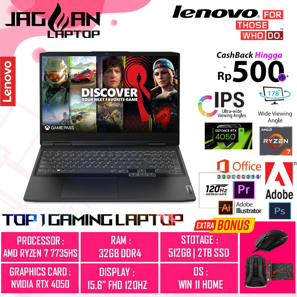 Laptop Gaming LENOVO IDEAPAD GAMING 3 15 AMD RYZEN 7 7735HS 32GB 2TB RTX4050-6GB 15.6 FHD 120HZ BL WIN11HOME ONYX GREY