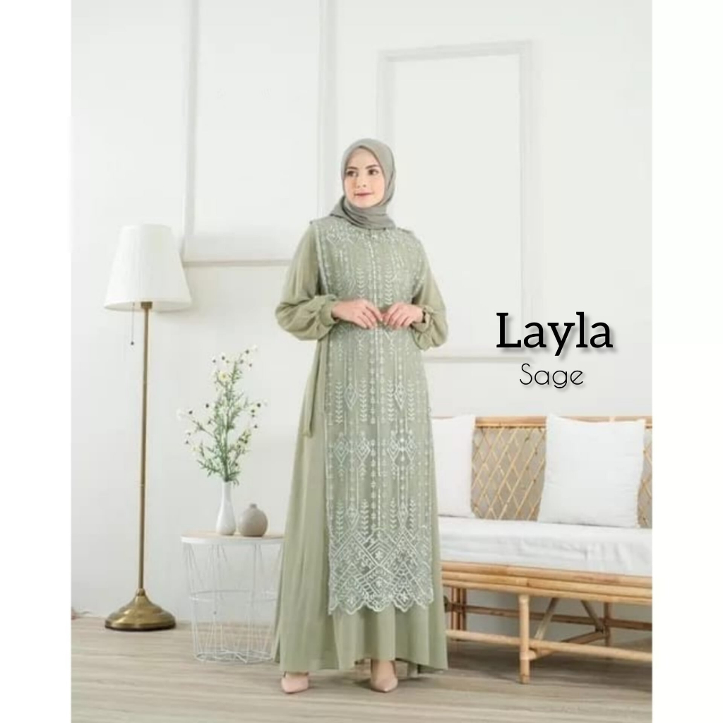 Gamis Dress Brukat Terbaru Layla Dress Bahan Ceruty Mix Brukat Variasi Payet Mutiara Inner &amp; Outher Terpisah Zipper Depan Fashion Muslim Wanita Gamis Kondangan