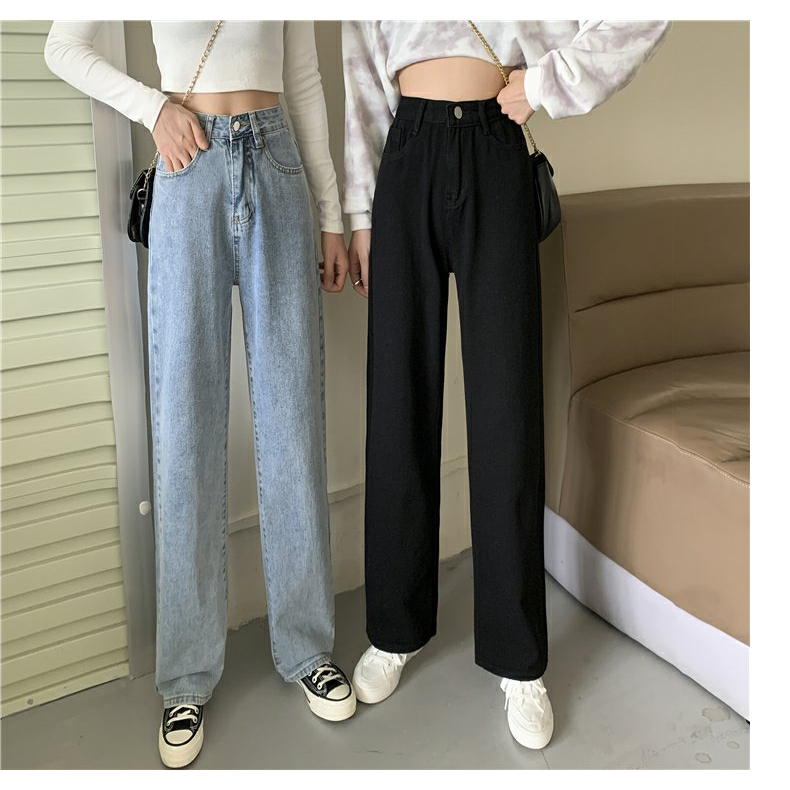 EUNII Korean Style Celana Panjang Jeans Wanita Kekinian Loose High Waist Boyfriend Jeans