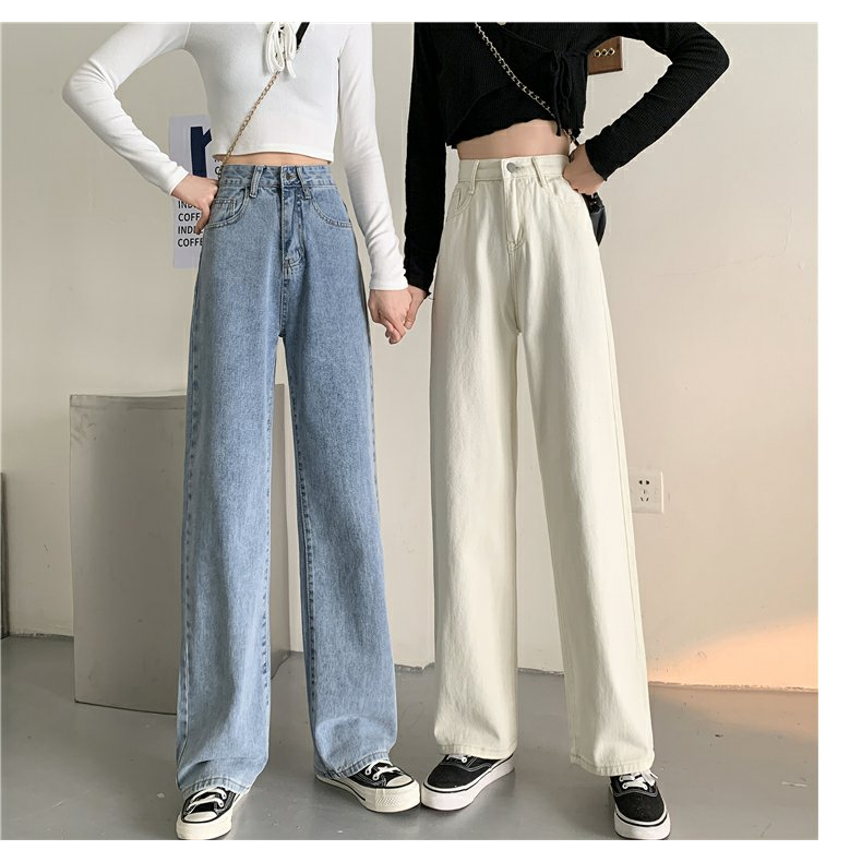 EUNII Korean Style Celana Panjang Jeans Wanita Kekinian Loose High Waist Boyfriend Jeans