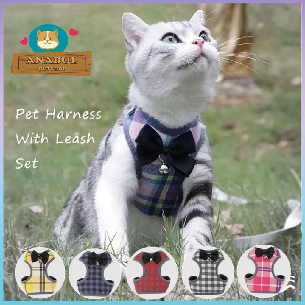 Baju rompi kucing harnes dengan tali hewan peliharaan bahan lembut model dengan pita dan lonceng