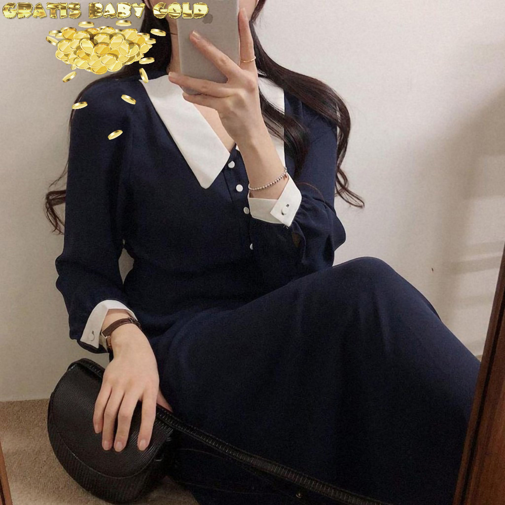FREE GOLD Dress Nabila Wanita Korean Style Casual Terbaru Model Gamis Kondangan Remaja Dan Baju Polo