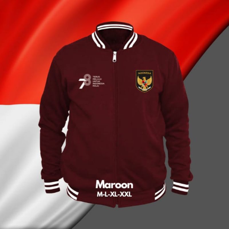 Jaket Zipper Varsity Kemerdekaan Indonesia HUT RI KE 78 Jaket Baseball Pria Original Import Jumbo Oversize Jaket Varsity Pria 17 Agustus 2023 Original Import Jacket Varsity Pria Baseball Dirgahayu RI ke 78 Jaket Sweater Varsity Kemerdekaan Indonesia 2023