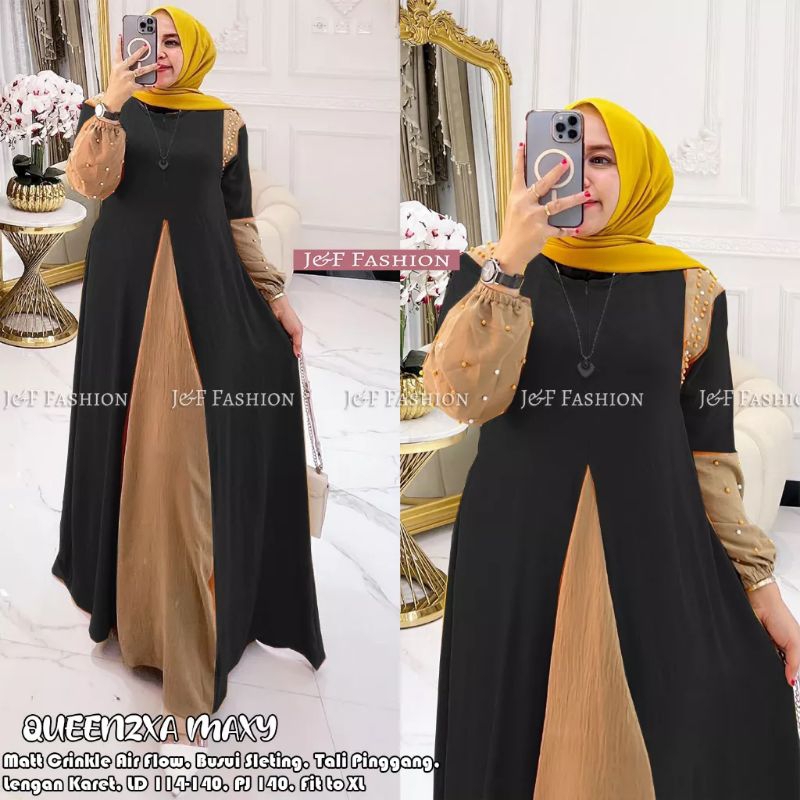 Gamis Katun Crinkle Motif Terbaru Queenza Alina Maxy Esme Kekinian Busui Aktif Wanita Tali Pinggang 