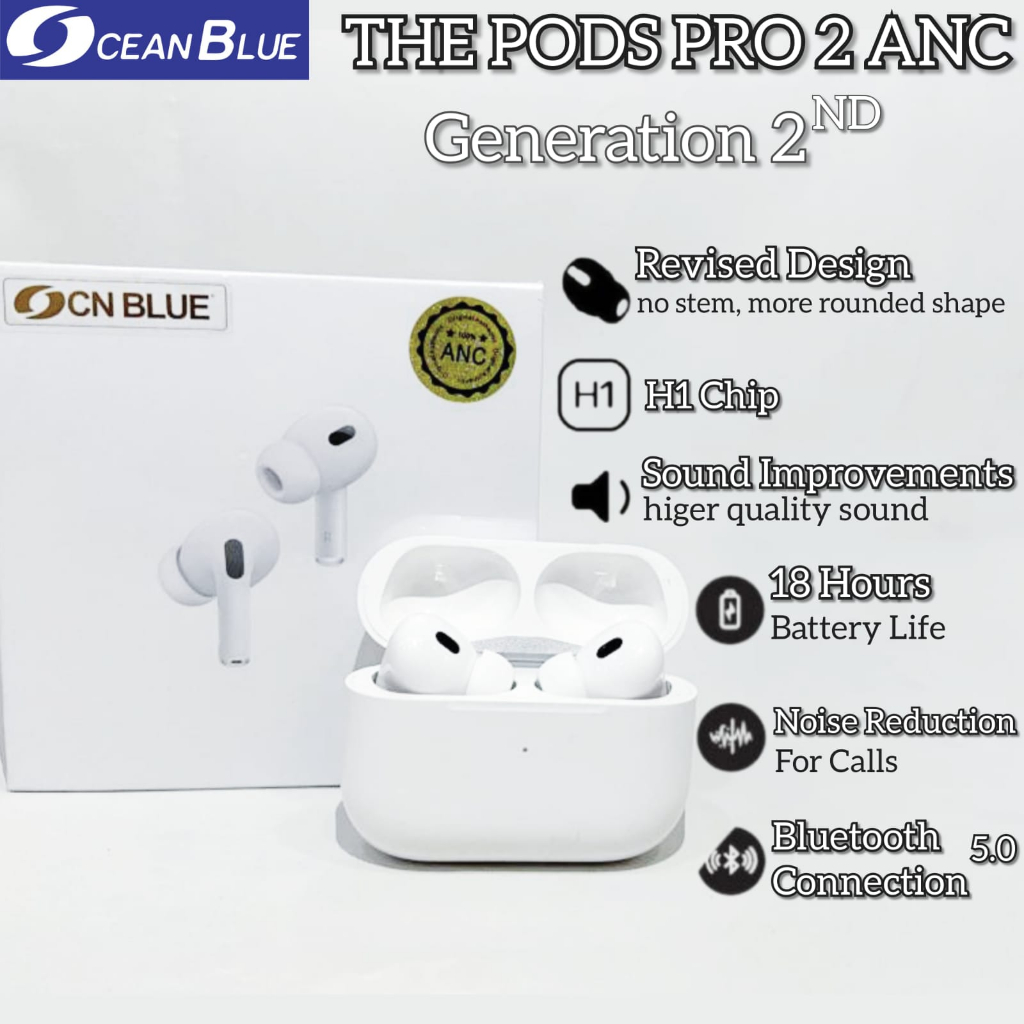 Ocean Blue OCN The Pods Pro 2 ANC Headset Earphone Bluetooth Wireless Charging Case iOs Android TWS Super Bass