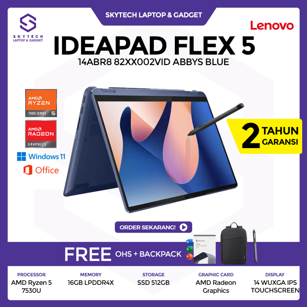 LAPTOP LENOVO IDEAPAD FLEX 5 14ABR8 2VID RYZEN 5 7530U 16GB 512GB WIN11 OHS TOUCHSCREEN 82XX002VID