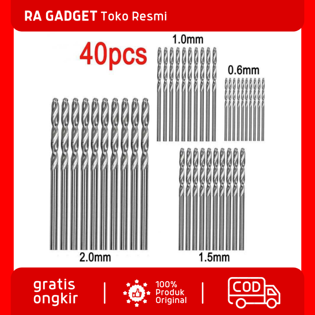 Mata Bor Drill HSS Twist Drill Bit 0.6-2.0mm 40 PCS / Mata Bor Pembolong Pelubang Lubang Pelobang Uk