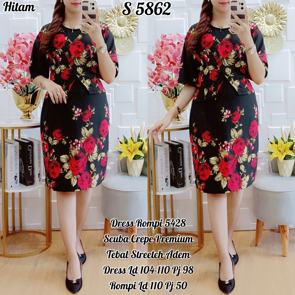 STYLE 5428. Set Dress Rompi Scuba Bunga Midi Set Dress Premium