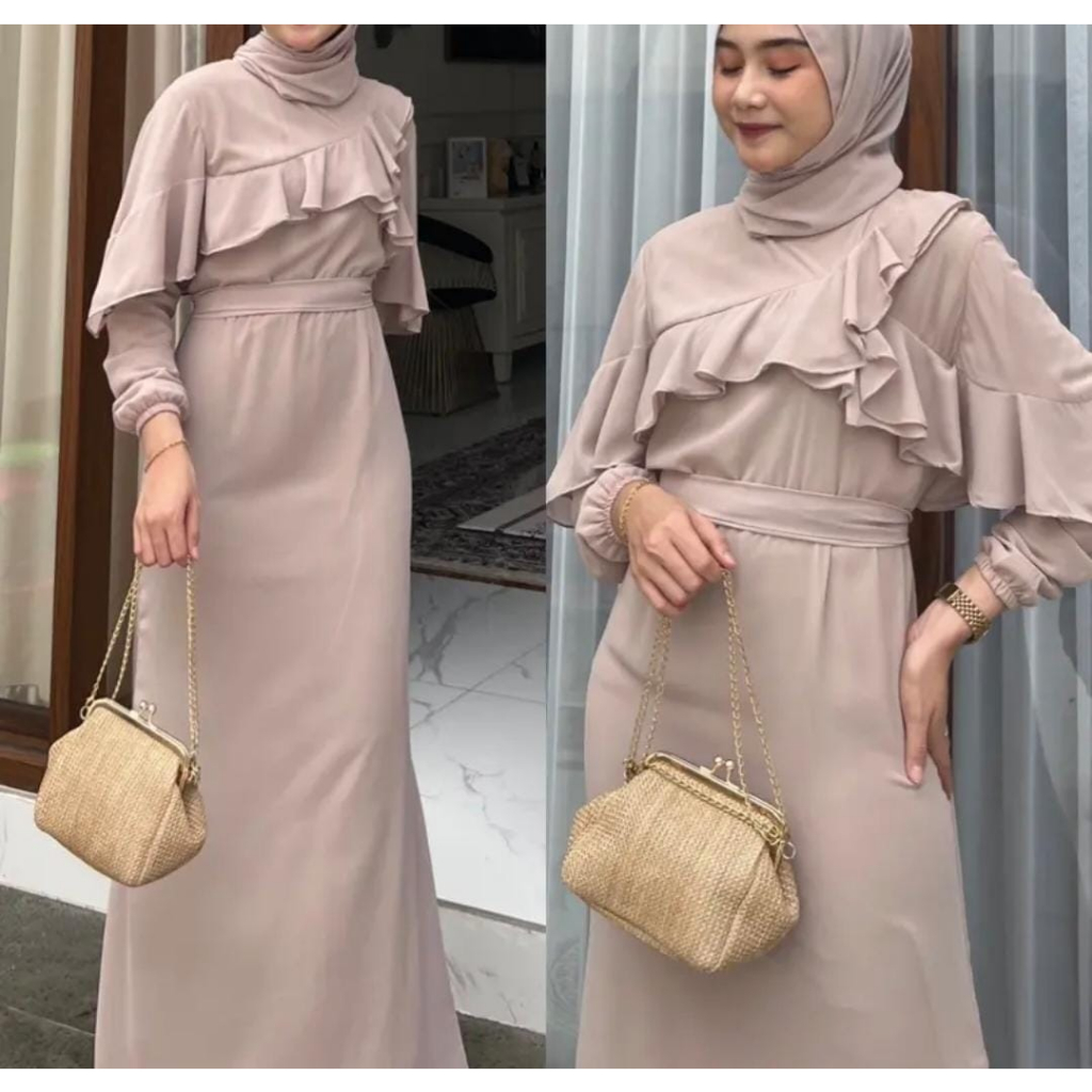 REINARA DRESS RUFFLE KR FASHION PAKAIAN WANITA MAXI GAMIS MAXY BAHAN CERUTY