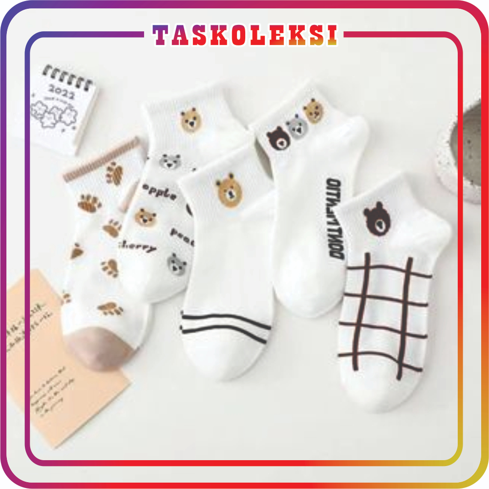 TK Kaos Kaki Pendek Wanita Karakter Beruang Garis Lucu Kaus Kaki Motif Bear Line Kaoskaki Fashion Korea Women Sock Import Murah KK097