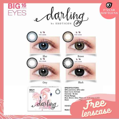 SOFTLENS X2 DARLING MINUS -3.25 sd -6.00 FREE LENSCASE DIA 16MM BIG EYES GREY BROWN BLACK BLUE BY EXOTICON / Softlen Soflen Soflens