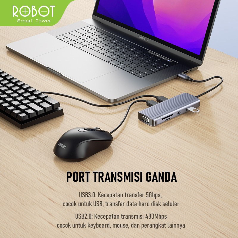 ROBOT HT590 Multiport 9in1 USB Type C HUB Adapter Lightweight &amp; Portable Space Grey Aluminium Alloy PORT USB 2.0 USB 2.0 3.5 mm Audio SD/TF PD VGA Transmisi Ganda Original - Garansi 1 Tahun