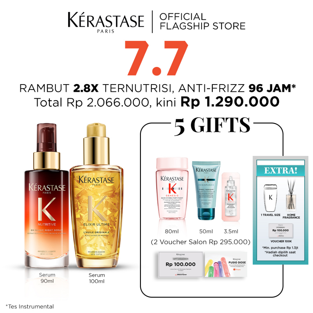 Kerastase Serum Rambut Kering Malam Hari &amp; Anti Frizz Hair Serum - 8H Magic Night Serum 90ml &amp; Elixir Ultime Original 100ml