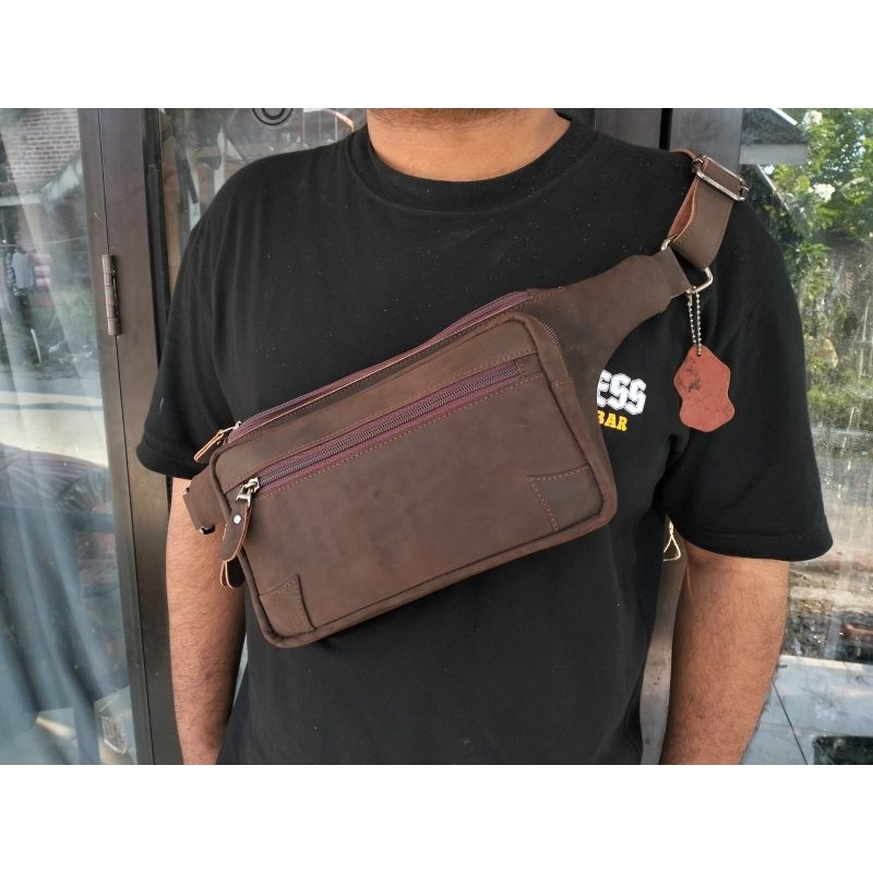 Selempang Waistbag pria Corazonn Kulit sapi asli crazy horse