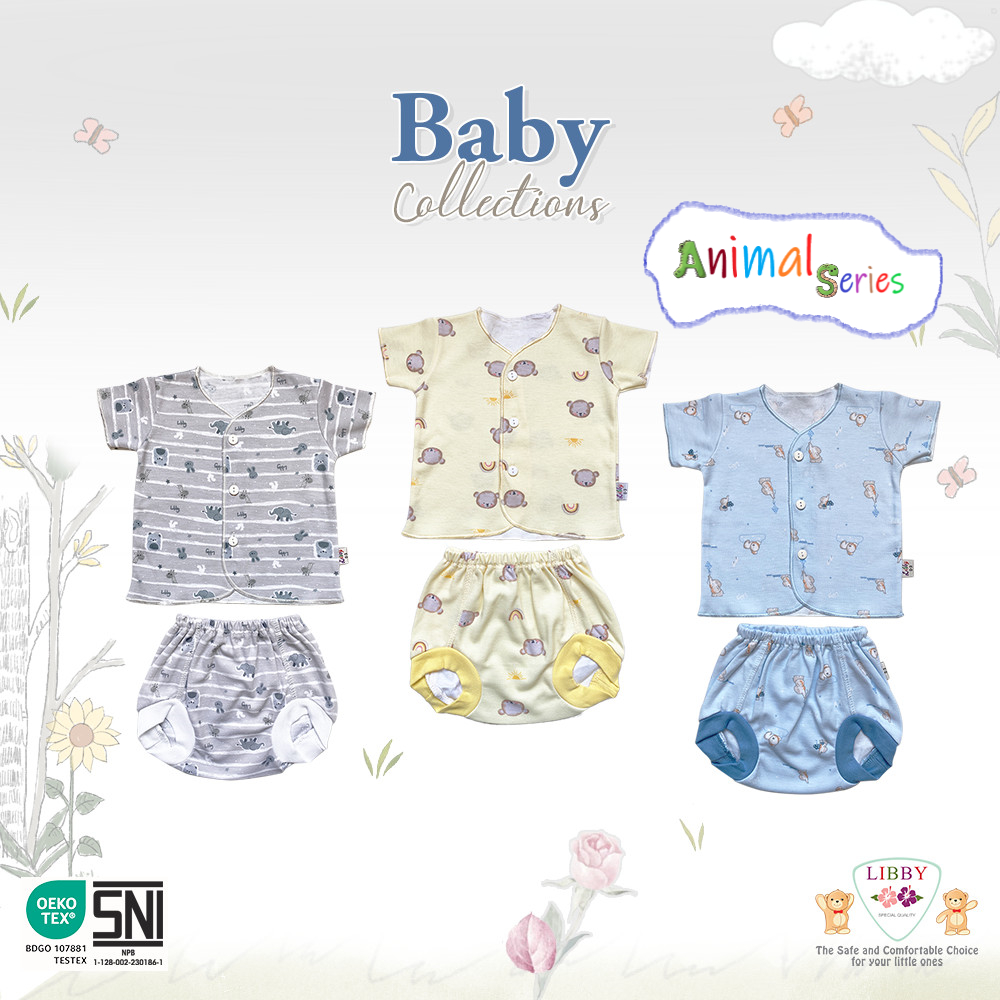 [TOMS] [BUNDLE HEMAT 3stel] LIBBY (3stel) Baju Tangan Pendek + Celana Pop PRINT ( 0-3bln / 3-6bln)