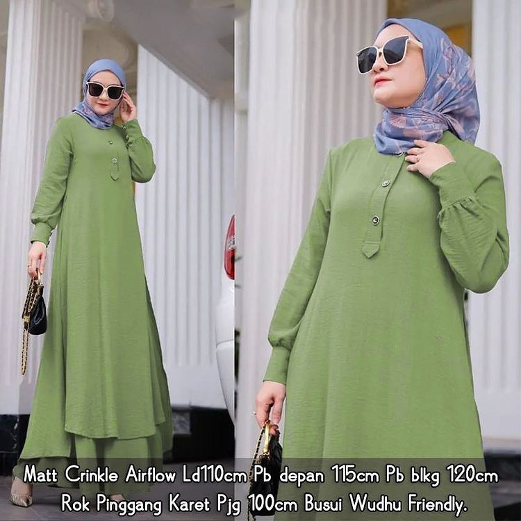 Amanda OneSet Setelan Wanita Set Rok+Long Tunik Polos Busui Kekinian Bahan Crinkle Jumbo LD 110 Fashion Muslim Perempuan Dewasa Terbaru 2023 Baju  Lengan Panjang