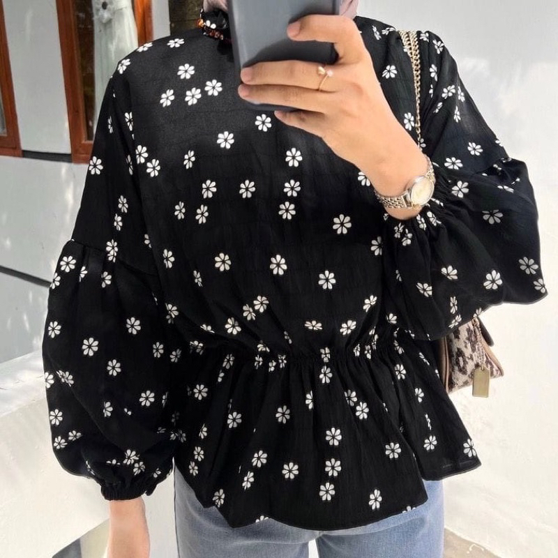 BYTHA FLORAL BLOUSE / ATASAN WANITA MOTIF BUNGA PINGGANG KERUT KOREAN STYLE