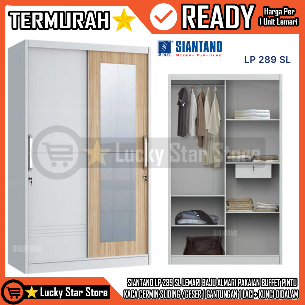 (KARGO) SIANTANO LP 289 SL LEMARI BAJU ALMARI PAKAIAN BUFFET PUTIH GLOSSY + NATURAL PINTU KACA CERMI