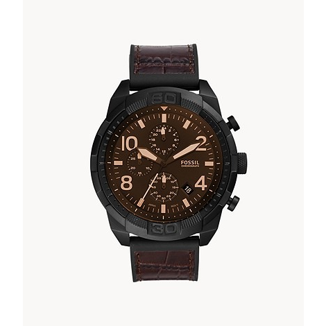 jam tangan BRANDED Bronson FS5713 Chronograph Men Black Dial Brown Croco Leather and Rubber Strap