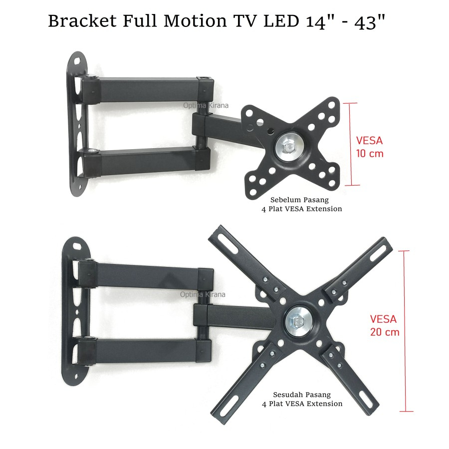 Bracket Full Motion Putar Monitor PC TV LED 17 19 21 24 27 32 37 43 in