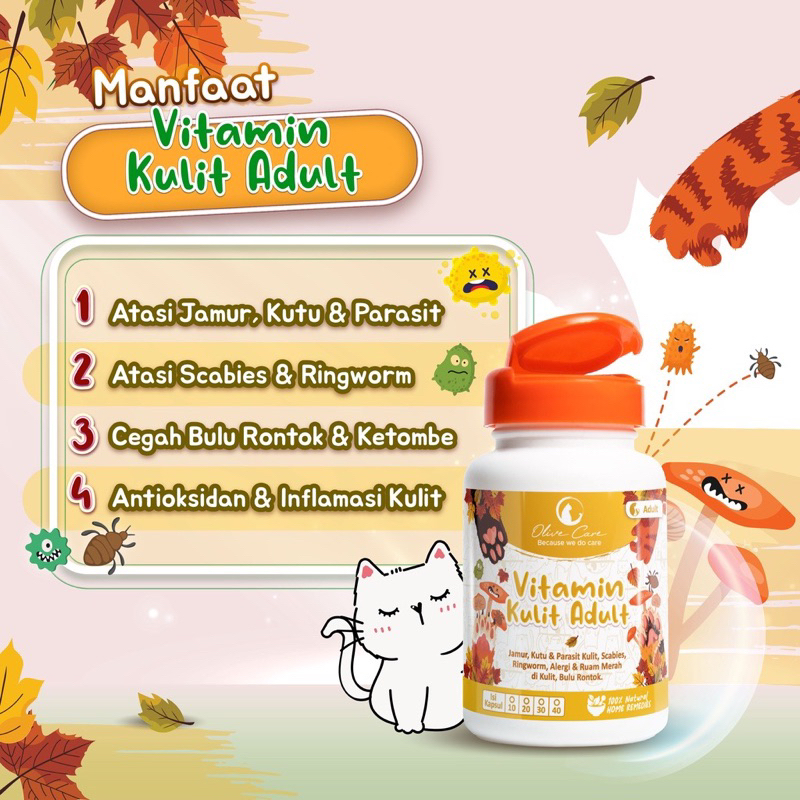 Olive Care Vitamin Kucing MASALAH KULIT DEWASA untuk Bulu Rontok, Jamur, Kutu, Scabies, Ringworm, Ruam dan Radang Kulit