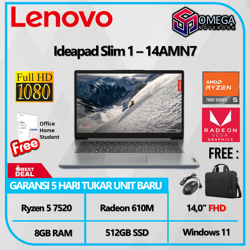 Lenovo Ideapad Slim 1 14AMN7 Ryzen 5 7520U 8GB 512GB 610M 14,0 FHD Windows 11 + OHS