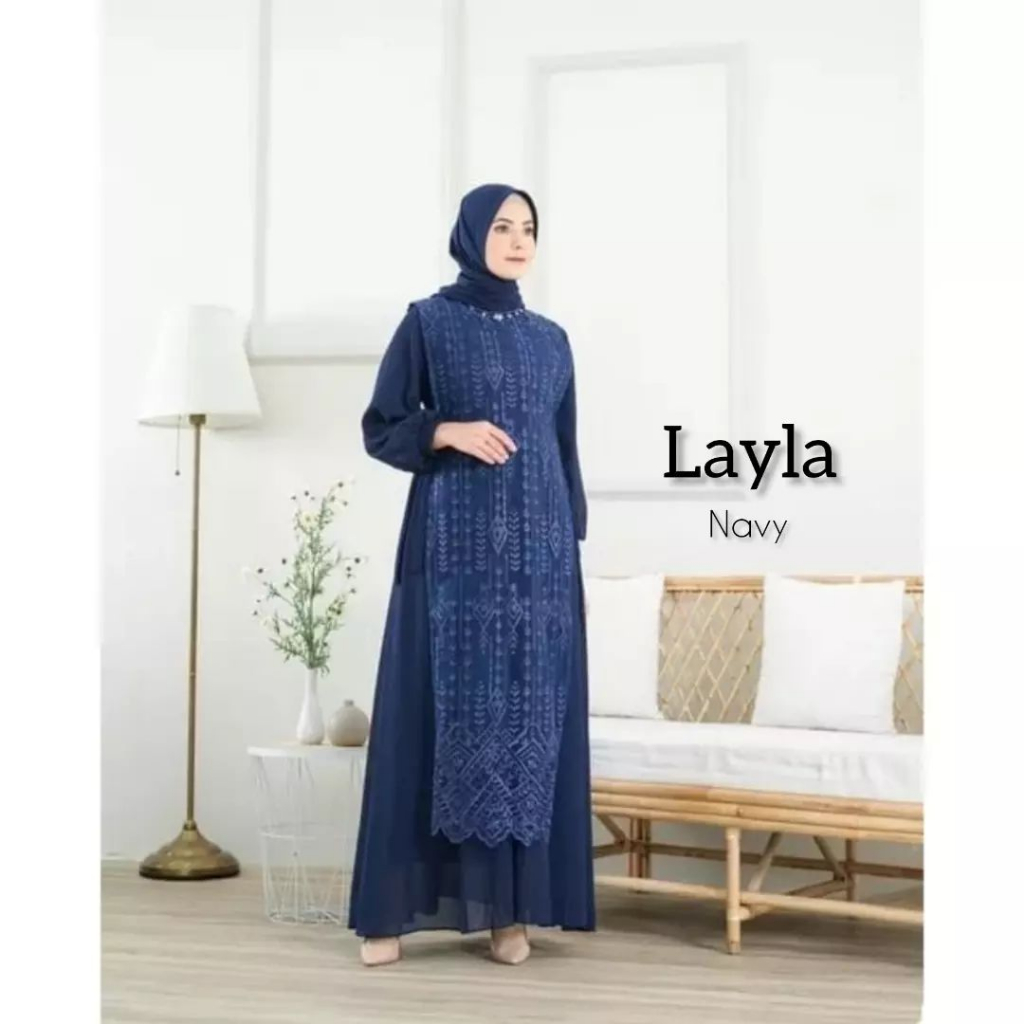 Layla Dress Ceruty Babydoll Mix Brukat Gamis Kondangan Mewah Muslim Pesta Inner Dan Outer Terpisah Baju Wanita Kekinian