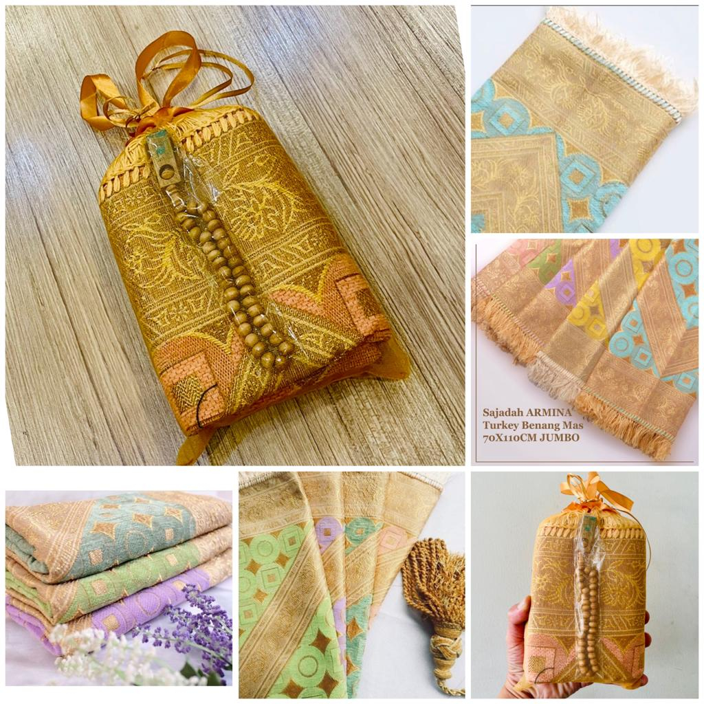 Paket Souvenir Tile Sajadah ARMINA Turkey Benang Mas + Tasbih Pita