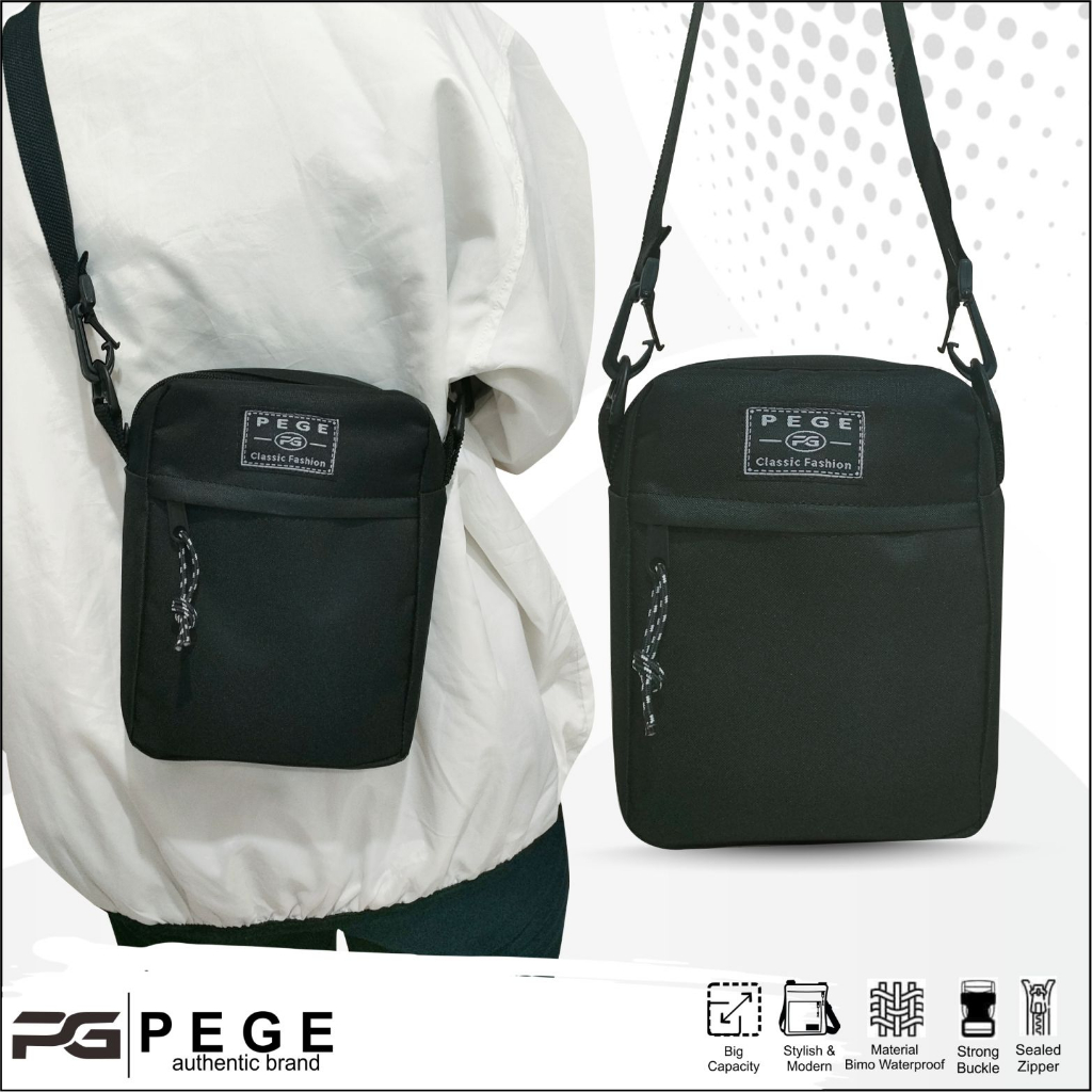 Tas Selempang Pria Slingbag PEGE Monthy bahu Kasual Warna Hitam Model Polos  - PG 8938