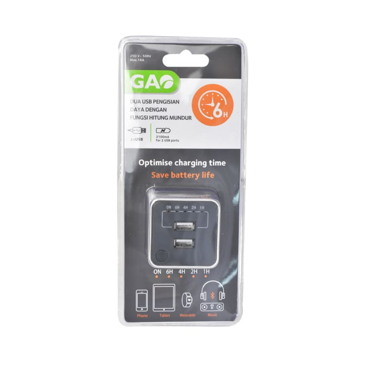 ACE GAO - DUAL CHARGING USB PLUG TIMER / SAKLAR TIMER DUA SOKET / STOP KONTAK CHARGER TRAVEL ADAPTOR