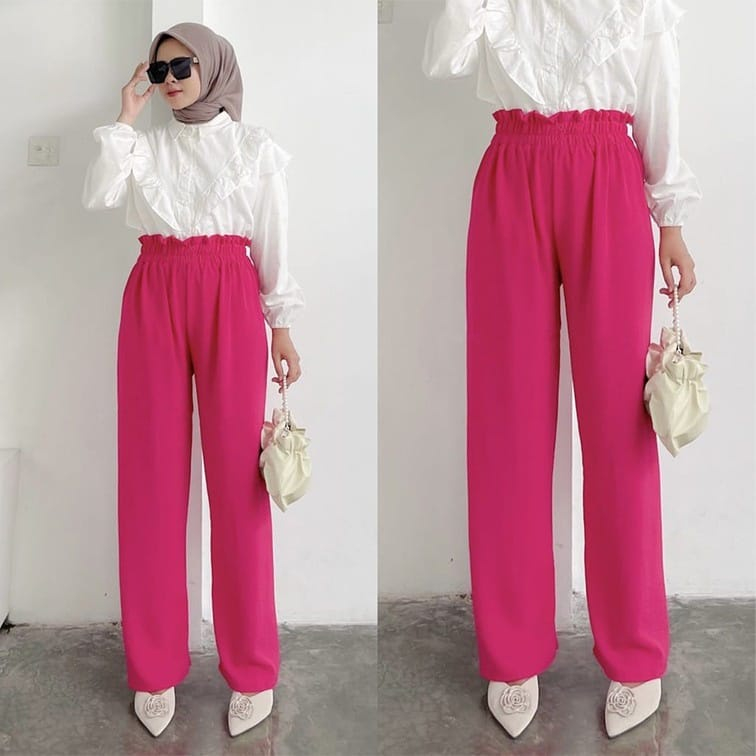 Celana Kulot Crinkle Airflow Variasi 2 Kancing Tengah Flowy Jatuh Premium Highwaist Wanita Loose Cullote Pants 3412