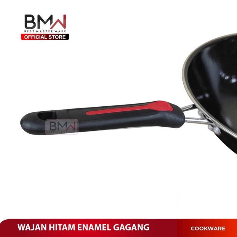 WAJAN ENAMEL HITAM GAGANG PANJANG LIST MERAH - PANCI WAJAN TEBEL ANTI LENGKET 32/34CM - TEFLON HITAM CEKUNG - WOOK PAN JUMBO PENGGGORENGAN HIQH QUALITY
