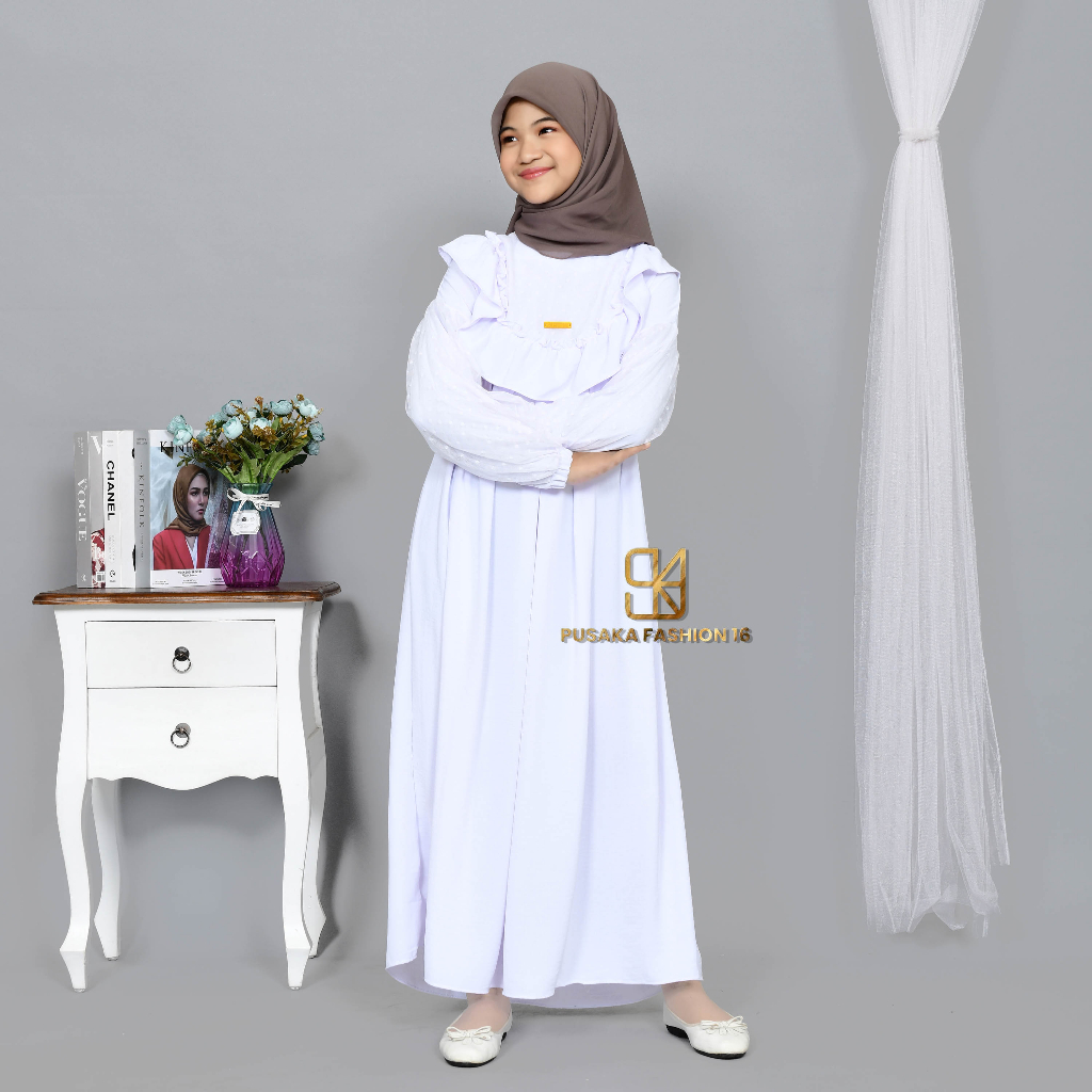 SAL5A KIDS GAMIS remaja cringkle ANAK perempuan remaja tanggung 9-17 tahun MIX TULLE TILE TILLE brukat brokat fashion muslim longdress KID girl serut susun modern premium warna  broken white gamis putih tulang manasik haji mengaji terbaru