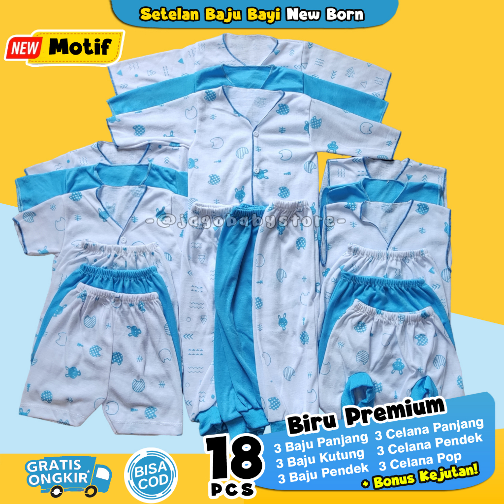 18 Pcs Baju Bayi Lembut Adem Motif Biru Muda Paket Lahiran Newborn