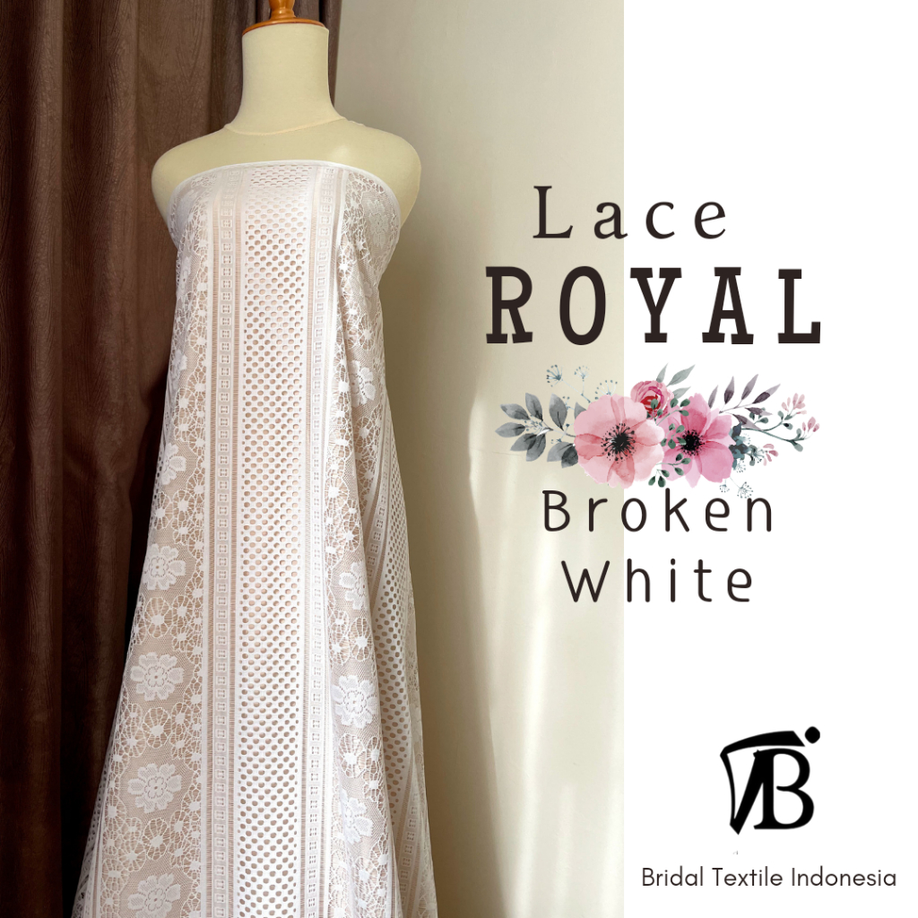 Bahan Kain Brokat Brukat Lace Royal Vintage Warna Putih Tulang Broken White