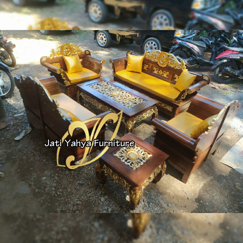 Kursi tamu jati madura matahari kombinasi ukiran gold (FREE KACA)