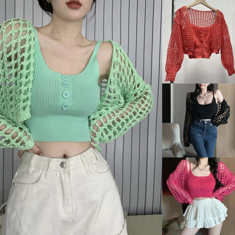 JESLYN Atasan Crop Jaring Rajut Sweater Wanita korea