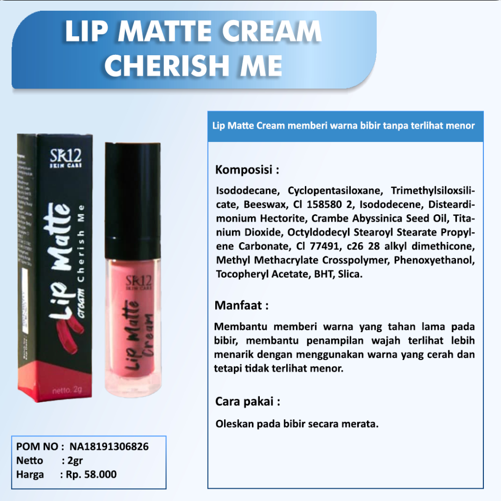 LIP CREAM MATTE SR12 BPOM / LIPSTICK MAKE UP HERBAL / NO PARABEN / TAHAN LAMA &amp; RINGAN / saudagar12